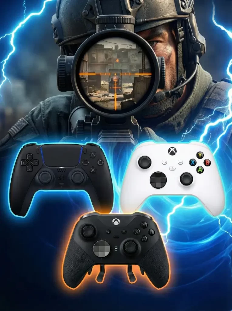 Promotional graphic for BO7 Aim Assist Optimizer featuring game controllers and crosshair with COD characters in ADS mode.